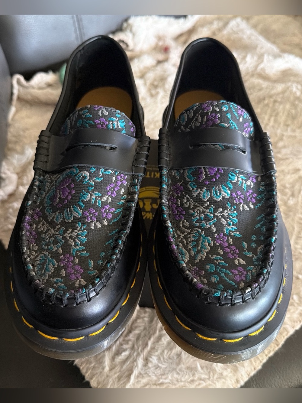 Dr. Martens Black Leather Penny Loafers with Yellow Stitching